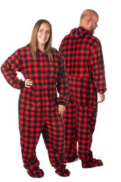 Red & Black Buffalo Plaid Fleece Onesie Pajamas With Feet. Hood, & Classic Button Front